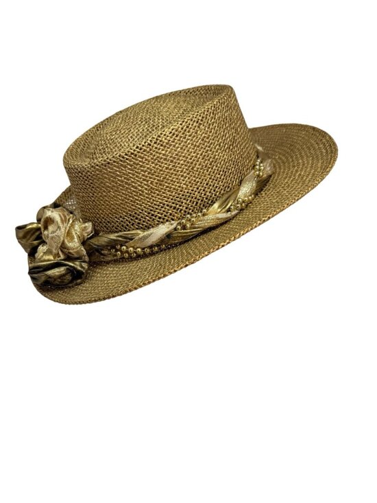 Vintage Gold Woven Straw Hat Statement Wide Brim Beaded Band USA Made 1980s main image 7